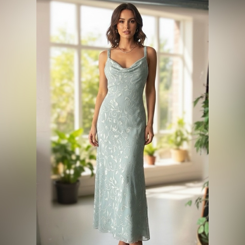 Vintage 90s CACHET Sage Green Satin Cowl Neck Bias Slip Prom Dress Size 12